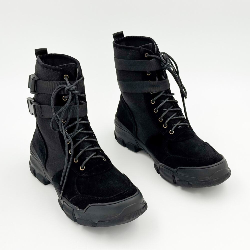 Ashley Stewart Lug Combat Boots Black Vegan Suede Buckle Lace-Up Size 10W